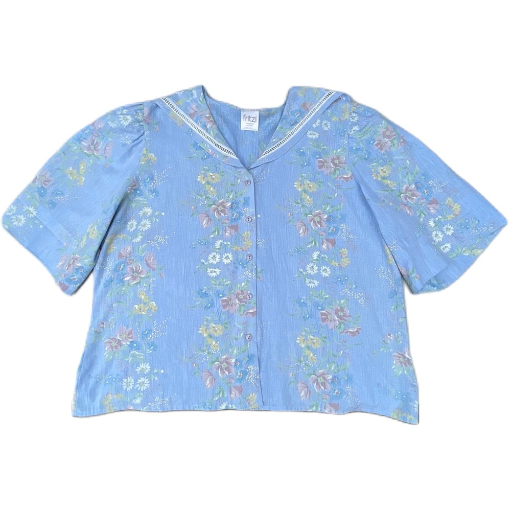 Vintage 80s Floral Blue Button Up Fritzi Blouse